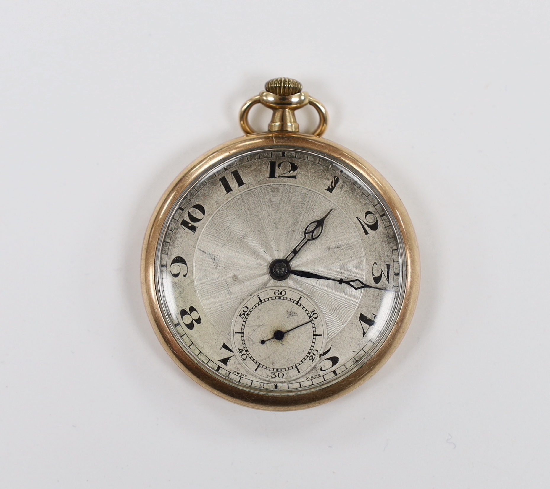 A 1920's Swiss 9ct gold open face keyless dress pocket watch, with Arabic dial and subsidiary seconds, gross weight 43.1 grams.